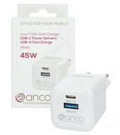 anco Dual Wall Charger USB-A Fast Charge, USB-C Power Delivery 45W - white 4051805950300 AN-274TA