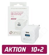 anco Dual Wall Charger USB-A Fast Charge, USB-C Power Delivery 45W - white 10+2 Aktion 4051805996247